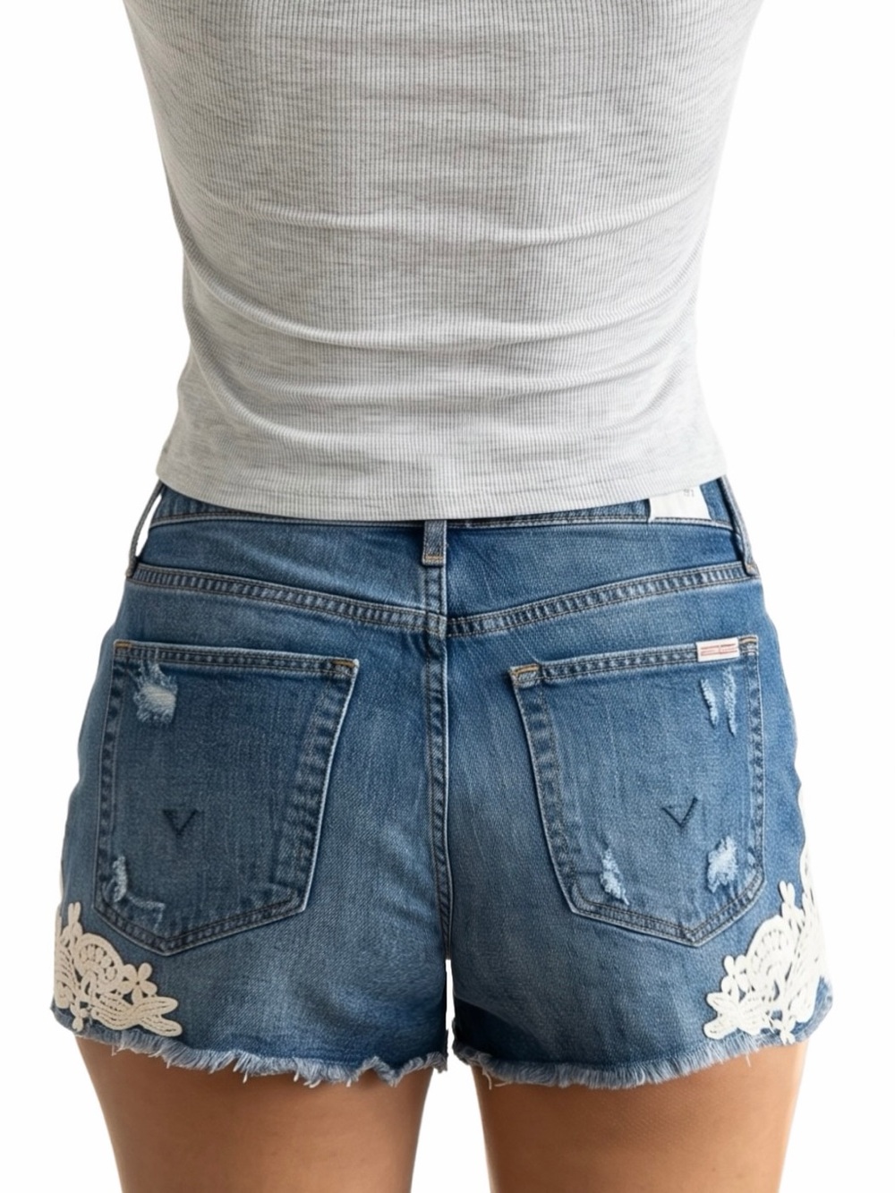 new Amber Fray Raw Edge Hem Denim Shorts with Lace Applique - Picture 3 of 16